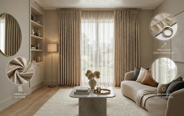 Luxury curtain features showing premium texture, craftsmanship and light control