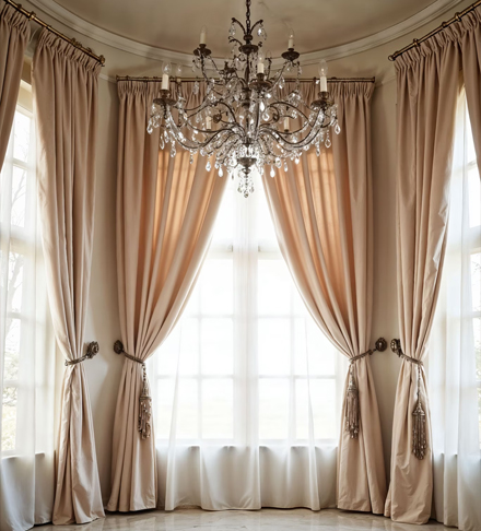 Luxury premium curtains in Bangladesh with elegant drapes and chandelier interior