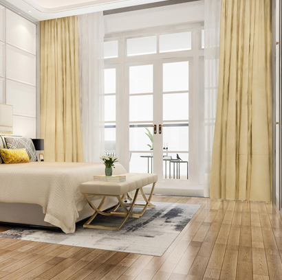 Residential curtain for bright bedroom interior with premium light control