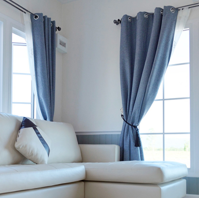 Glossy blue curtain for modern living room window styling in Bangladesh
